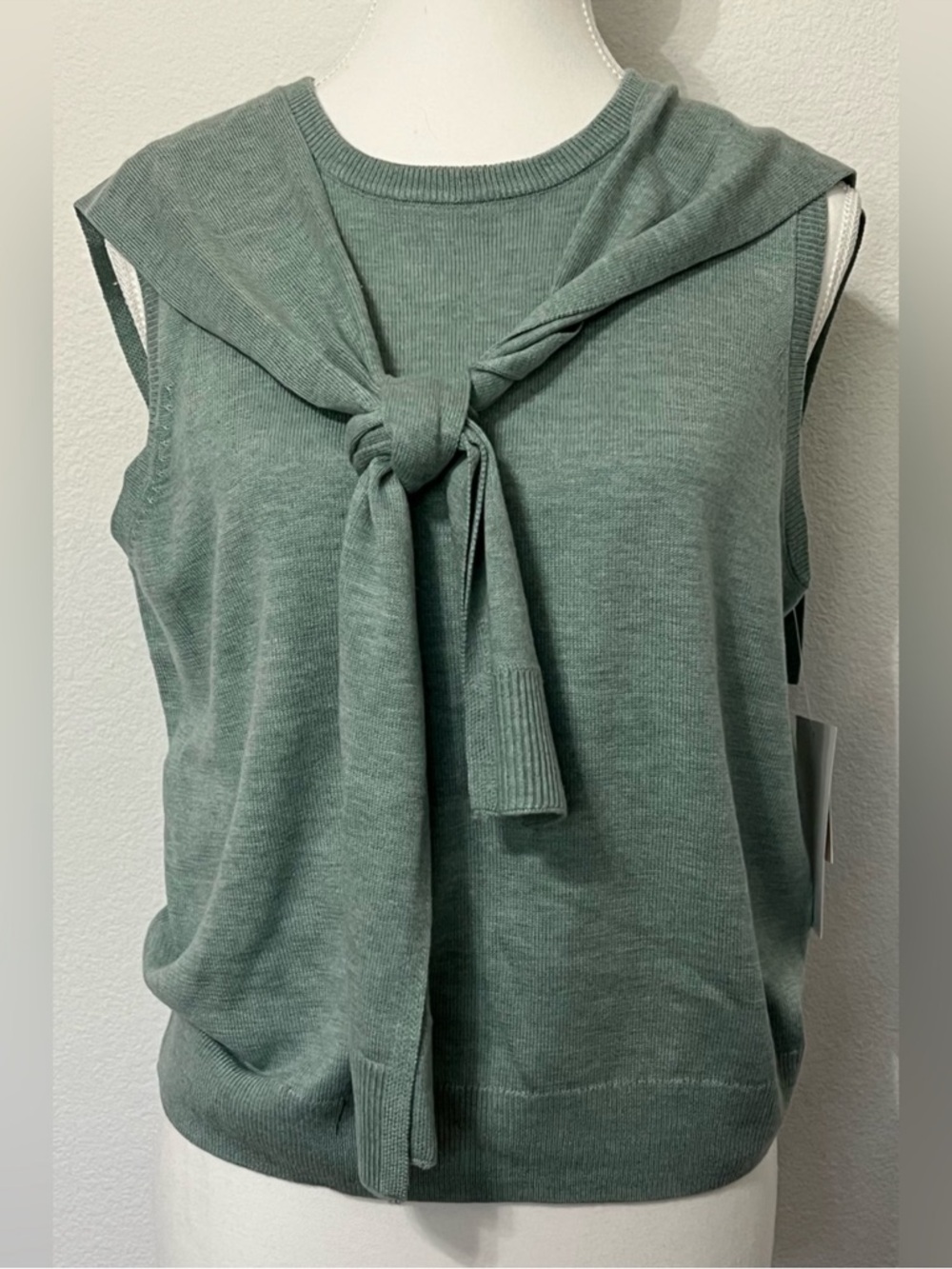 CeCe Sleeveless Knit Top with Front Tie - Sage Green